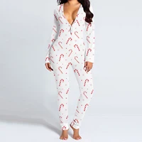 Combhasaki Women's Long Sleeve Jumpsuit Pajamas V Neck Christmas Themed Print Bodysuit Sleepwear Oneses with Drop Seat Butt Flap