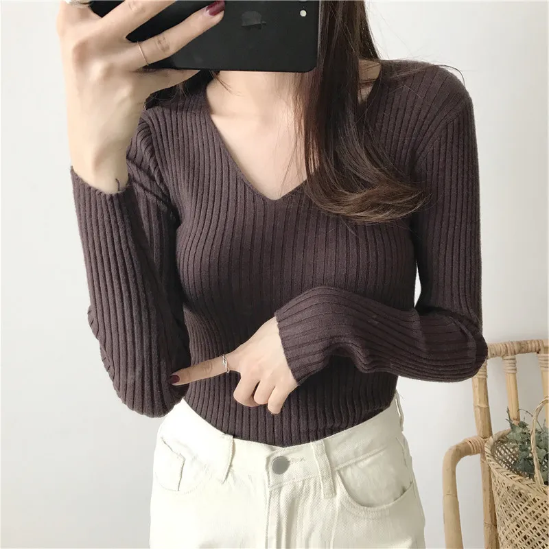 V-Neck Long Sleeved Slim Fit Base Sweater For Women Autumn And Winter Style Stylish Versatile Top Multi-Color Knitted Sweater 2