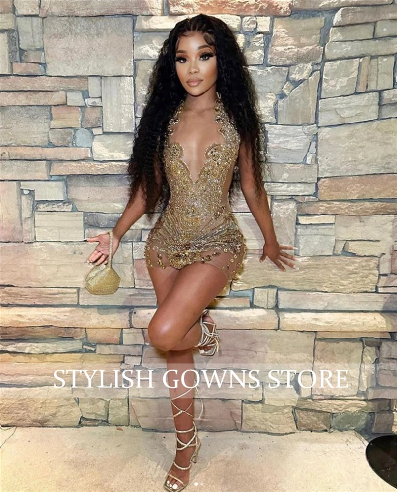 Sparkly Gold Sheer O Neck Short Prom Dress For Black Girl Beaded Crystal Diamond Birthday Party Dresses Mini Cocktail Customized women prom dresses