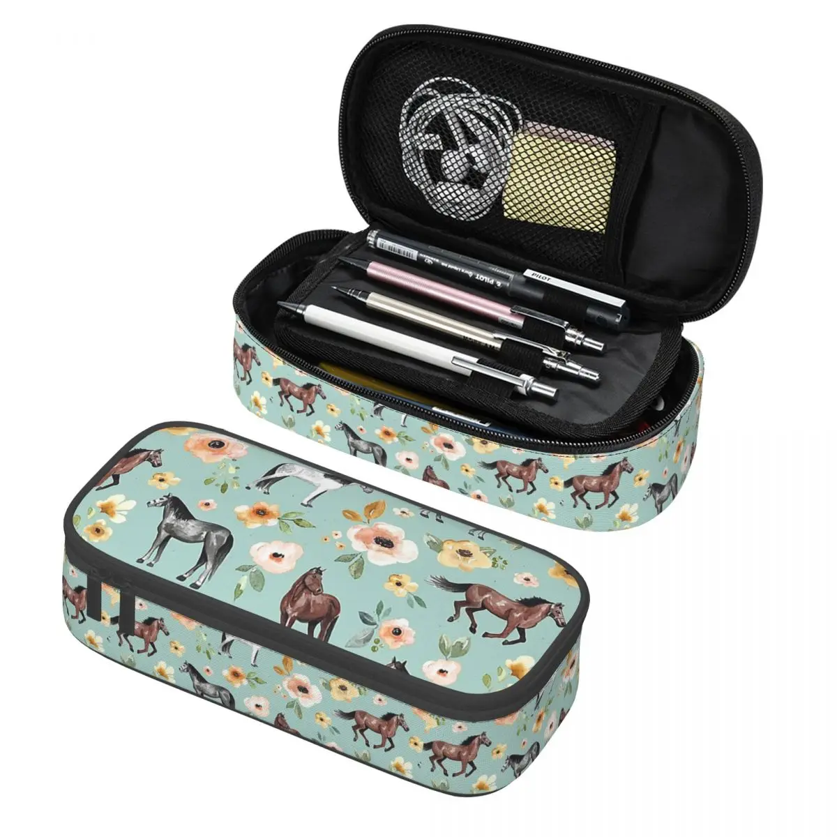 Horses With Flowers Sunrise Floral Blue Pencil Cases Large Storage Pen Bags Pen Box Pencil Pouch For Boys Girls Students