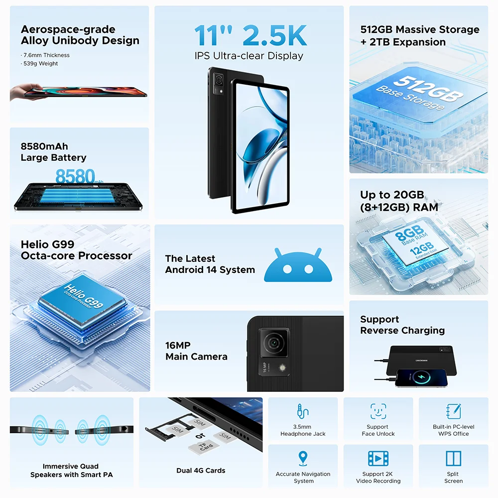 DOOGEE T40 Tablet Android 14 11" 2.5K 20GB(8+12) RAM 512GB ROM Helio G99 8580mAh 18W Charge Face Unlock 7.6mm ultra-thin Tablet 2