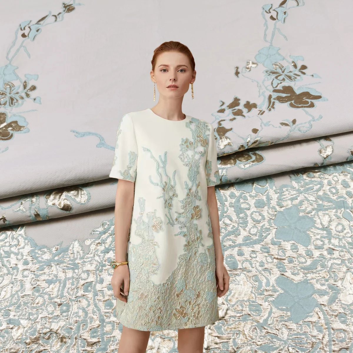 

Gold Silk Jacquard Brocade Fabric for European Brand Fashion Dress Suits Dyed Fabrics Cloth Diy Sewing Material