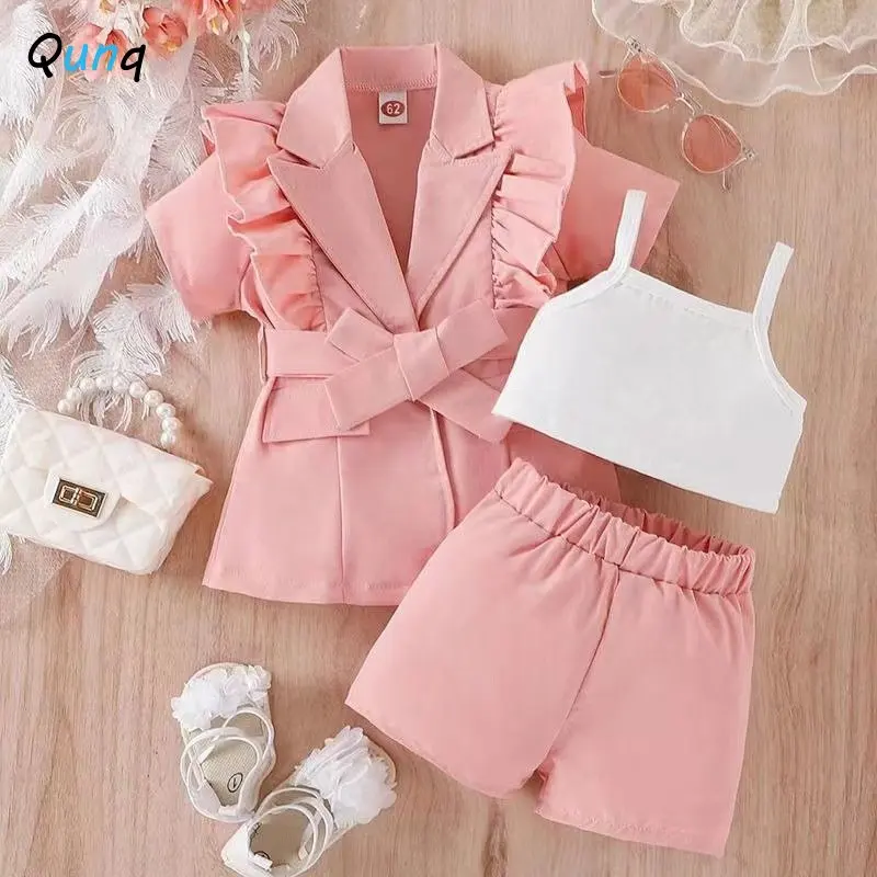 

Qunq 2023 Summer Girls Solid Lapels Short Sleeved Suit Coat And Suspender Top+Shorts 3 Pieces Set Casual Kids Clothes Age 3T-8T
