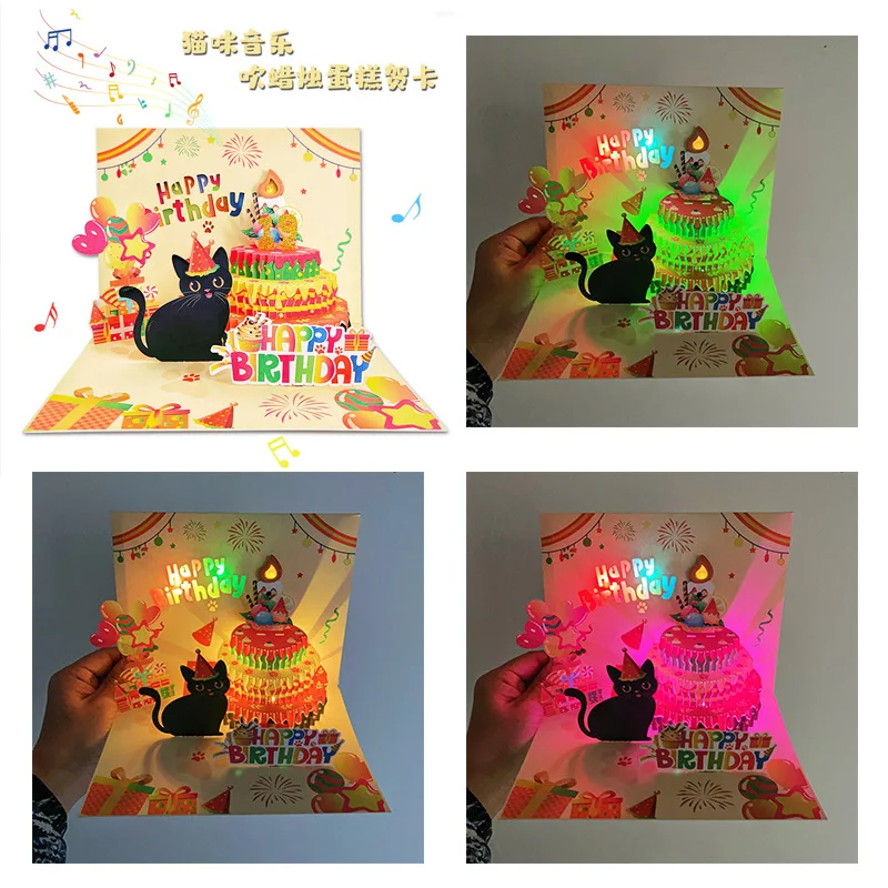 Birthday Cards, Cat MUSIC & LIGHTS & BLOWABLE CANDLE Funny 3D