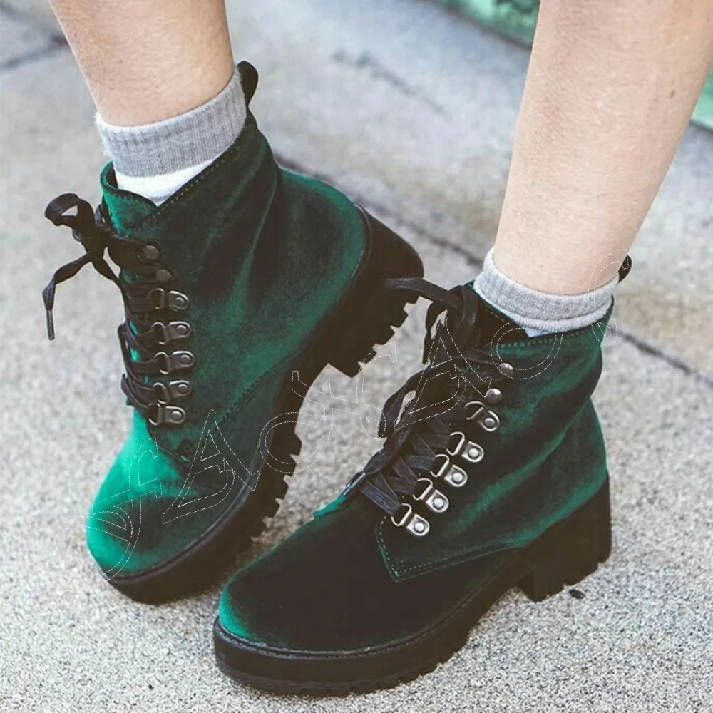 

Green Flock Cross Tied Ankle Boots Chunky Heel Solid Round Toe High Heel Shoes for Women Toe Shoes 2023 Zapatos Para Mujere