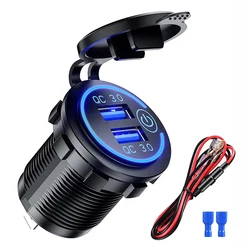 Dual USB Car Charger Socket with Quick Charge 3.0 and Touch Switch - Waterproof Fast Charging Power Outlet - Blue with Wire