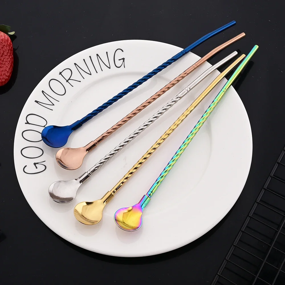 10Pcs Reusable Straw Spoon Stainless Steel Metal Colorful Straw Cocktail Drinking Spoon Milk Bar Coffee Stirring Accessory Drinking Straws Metal Straw Set Cocktail Accessories Straw Accessories Straw Cleaner Brush