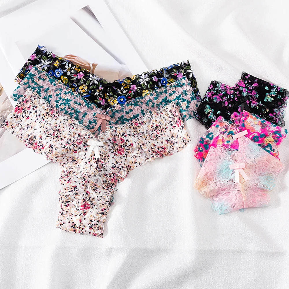 

Flower-print Sexy Underwear Women Low Waist Lace Women Panties Bowknot Seamless Panties Female Comfortable Breathable Briefs