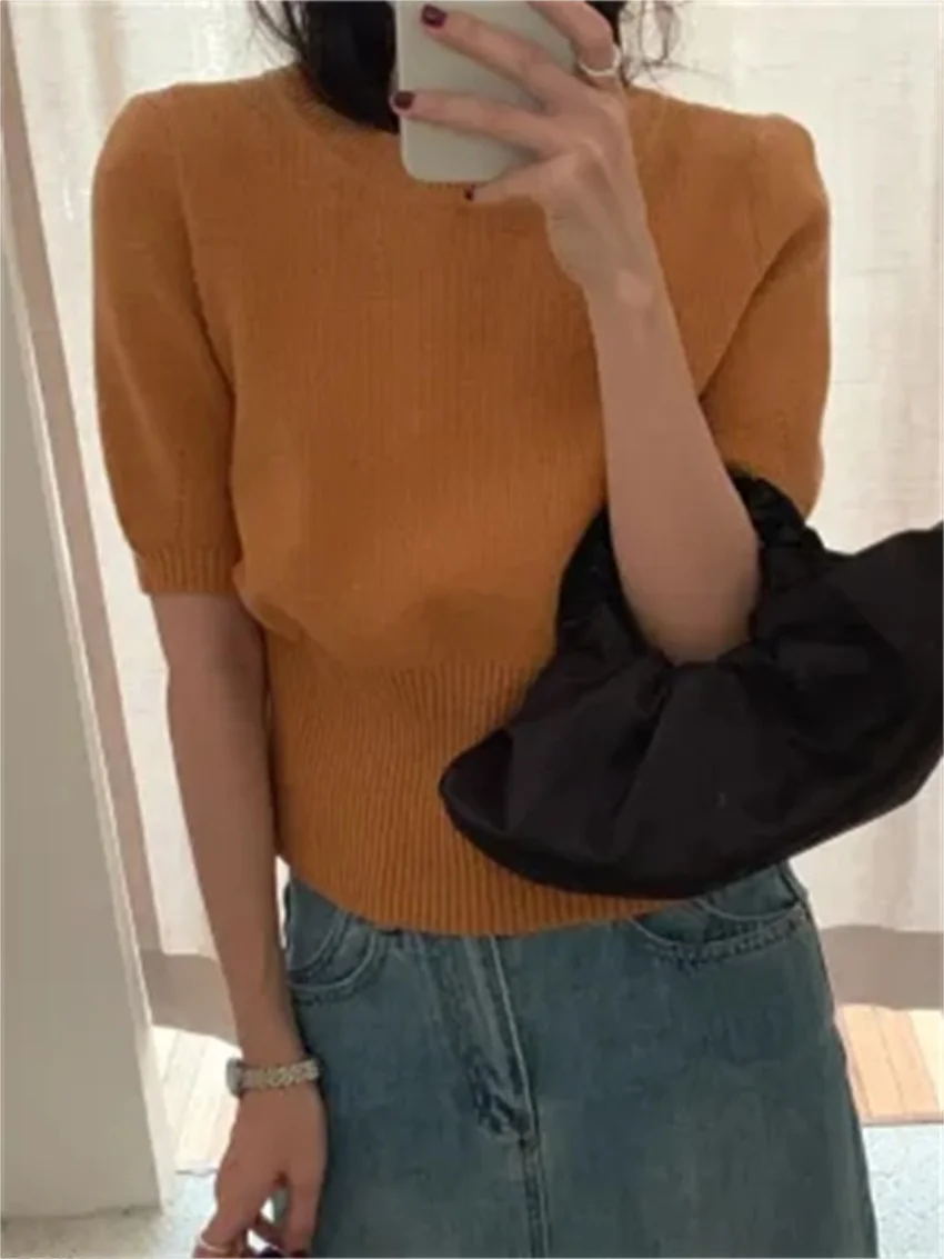 

Женский трикотажный свитер с полурукавами Alien Kitty, Элегантный Повседневный пуловер свободного кроя, универсальный, облегающий, для офиса, осень 2023