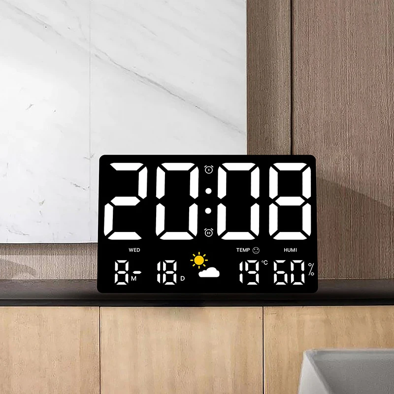 Wall Clock Digital Wall Clock Smart Mute LED Large-Screen Wall Clock Temperature and Humidity Display Weather Clock Multi-Function Color Digital Alarm