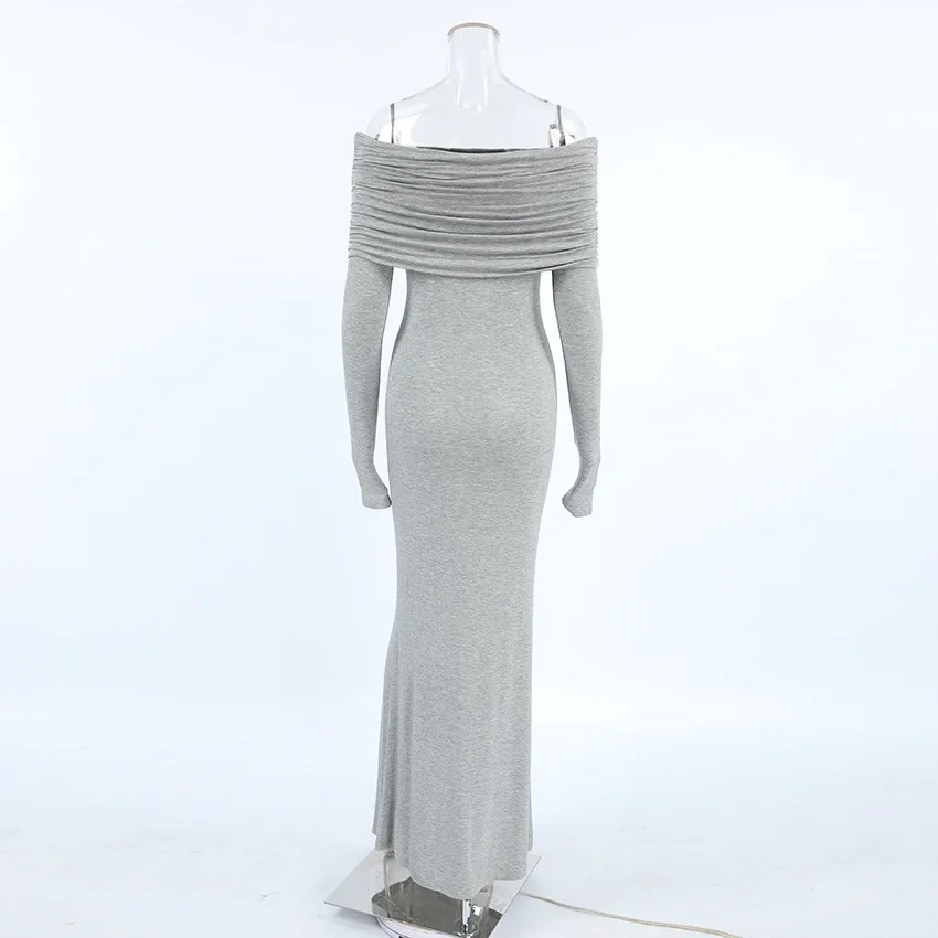 Fashion Autumn Knit Long Dress Women's Off-Shoulder Patchwork Ribbed High Waist Slim Ladies Dress Knitwear Elegant Dress