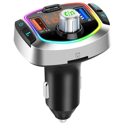 Chargeur de voiture avec affichage double écran Pd/Qc3.0, adaptateur Bluetooth, charge rapide, lecteur Mp3, lumière d'ambiance, accessoires automobiles 