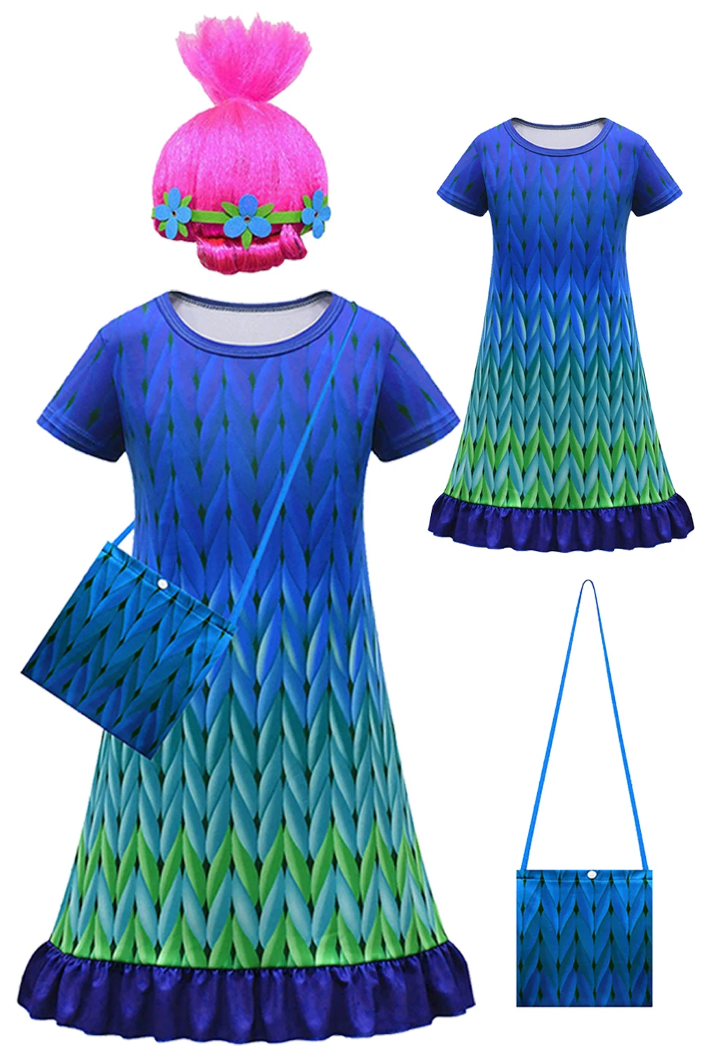 Kids Queen Poppy Cosplay Fantasy Parrucche Vestito Arruffato Cartoon Trolls Cos Case Costume Bag Ragazze Bambini Halloween Carnival Suit