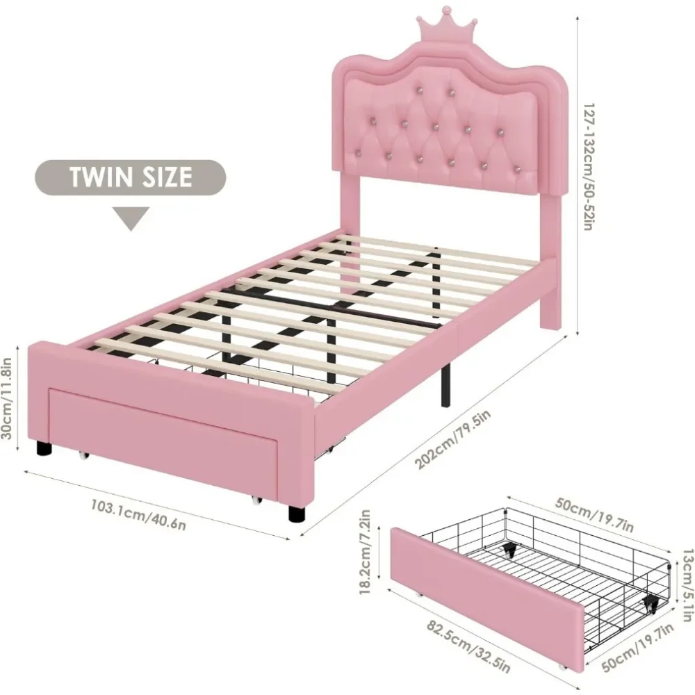 Twin Upholstered LED Bed Frame with Storage Drawer, Leather Princess Platform Bed 2