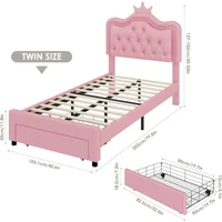 Twin Upholstered LED Bed Frame with Storage Drawer, Leather Princess Platform Bed 2