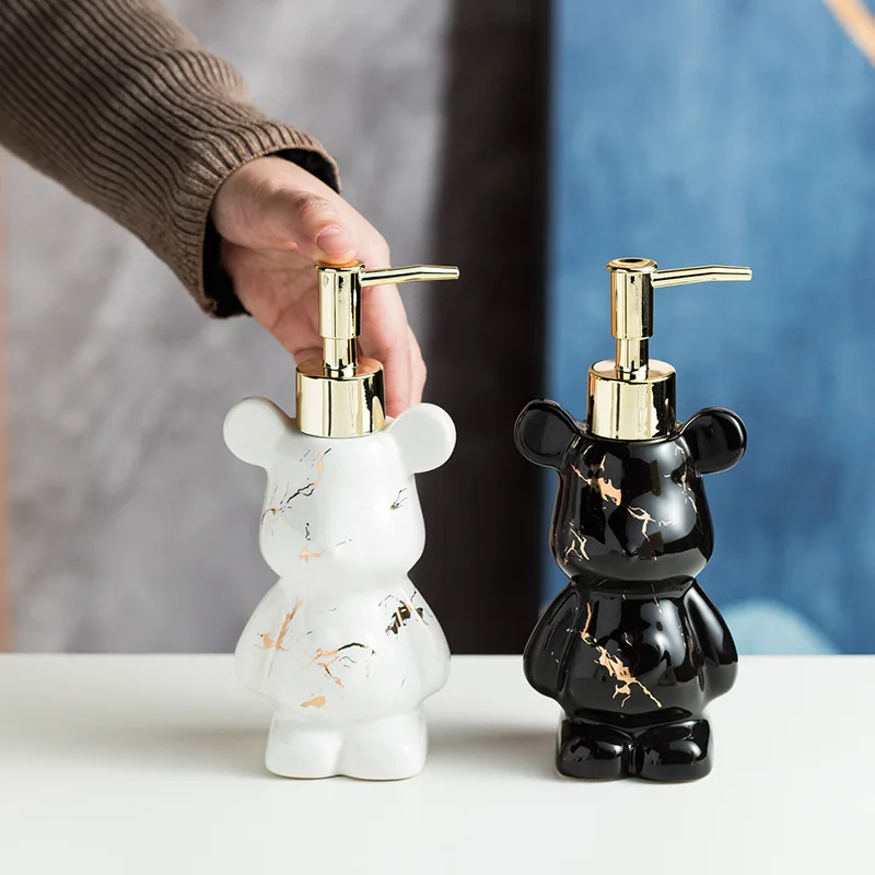 Luxury Marbling Bear Shape Ceramics Soap and Gel Dispenser Creative Black White Empty Shampoo Bottle Bathroom Storage Accessorie soap dispenser