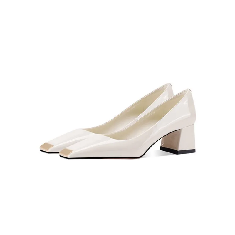 2025 new spring ladies pumps chunky heels leather square head shallow mouth with fashion comfortable commuter work women's shoes 4