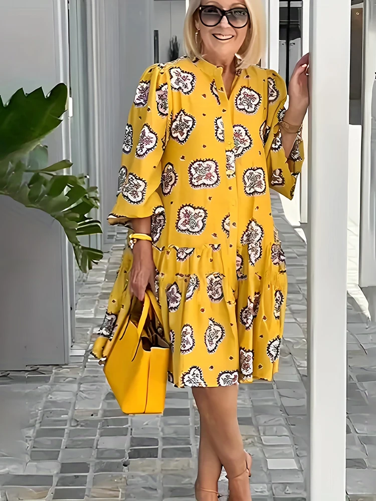 

2023 Vintage Women Printed Loose Hem Shirt Dresses Casual 3/4 Sleeve Female Beach Dress Fashion Elegant Lady A-Line Party Dress