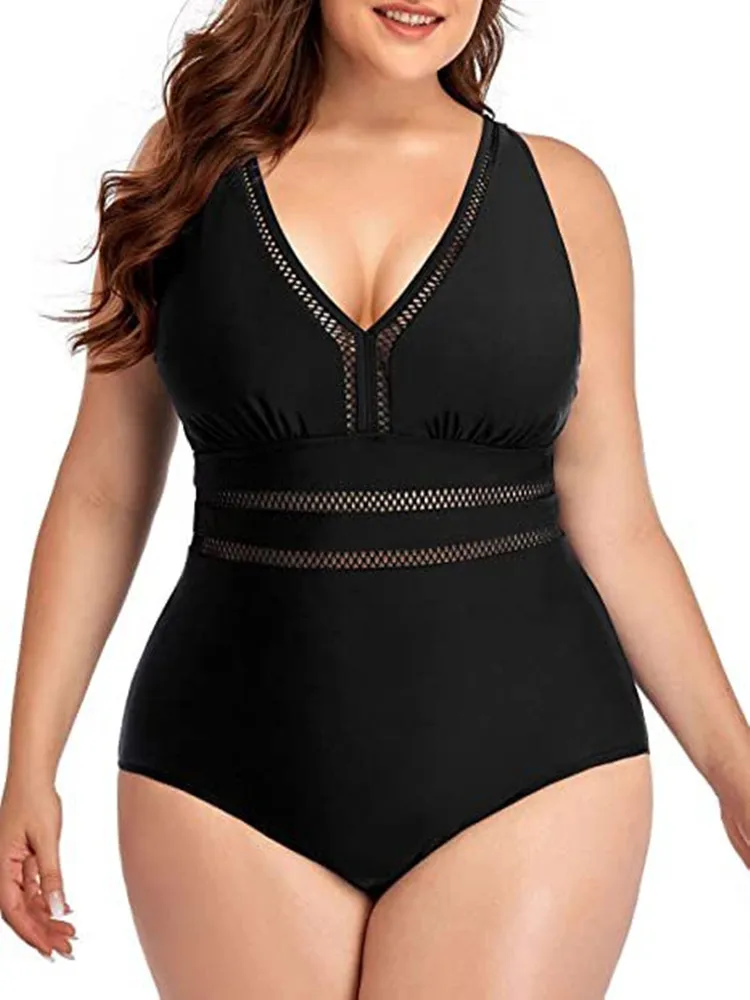 Plus Size Costume Da Bagno Donna 2023 Costumi Da Bagno One Piece Tankini Large Size Tinta Unita Nuoto Sport Mesh Stitching Bikini Bathing