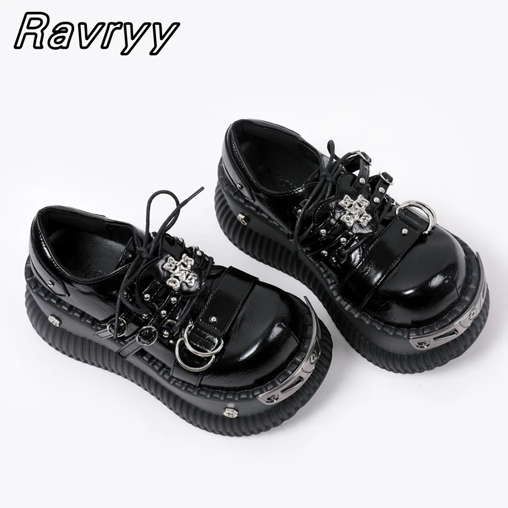 

Retro Black Microfiber Leather Glossy Punk Style Ankle Boots New Year Wild Cool Girl Shoes Round Toe Belt Buckle Platform Shoes