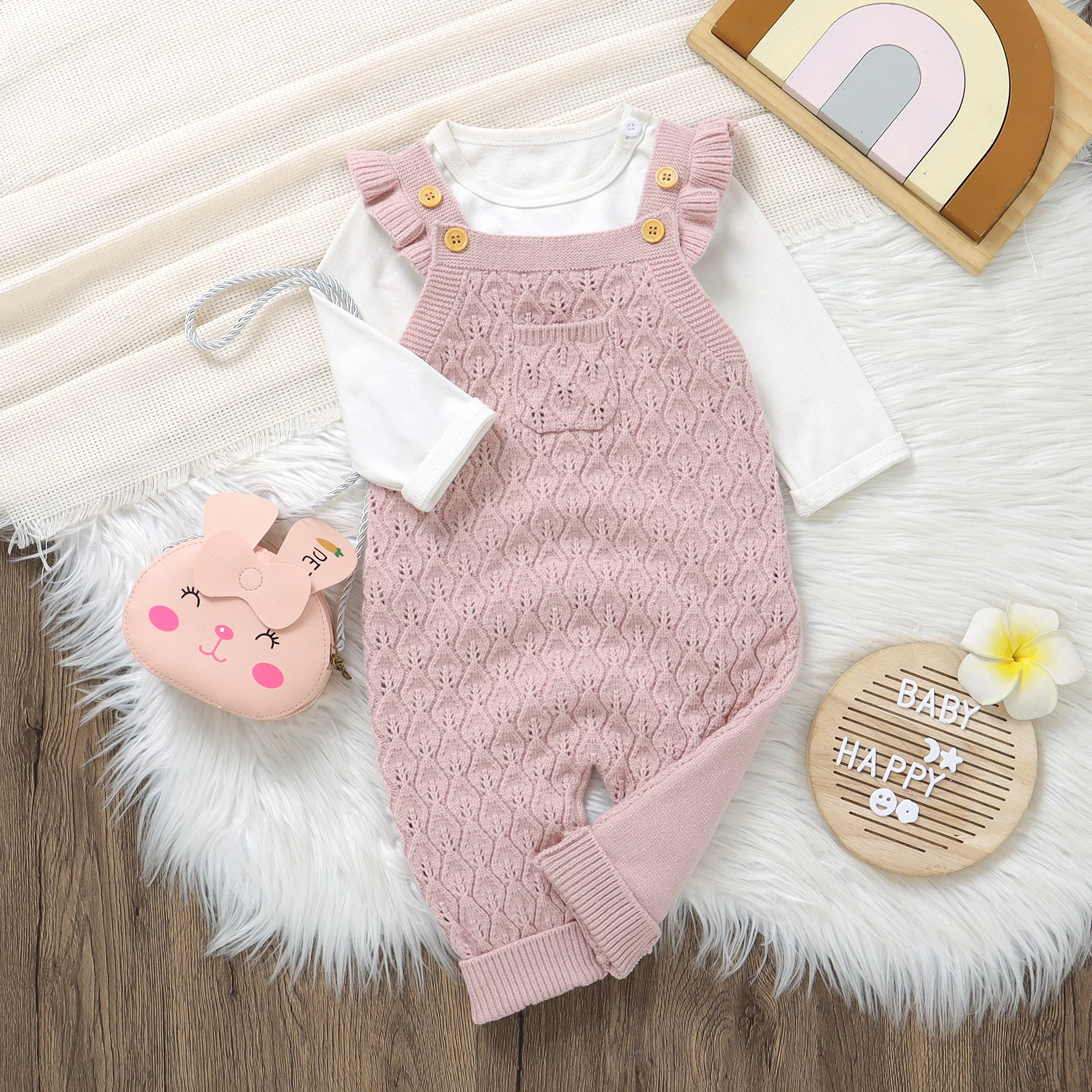 MISOWMNJOY Princess Knit Baby Girls Sweater Rompers Spring Fall Buttons Ruffle Sleeveless Toddler Knitwear Kid Jumpsuit Overalls 1