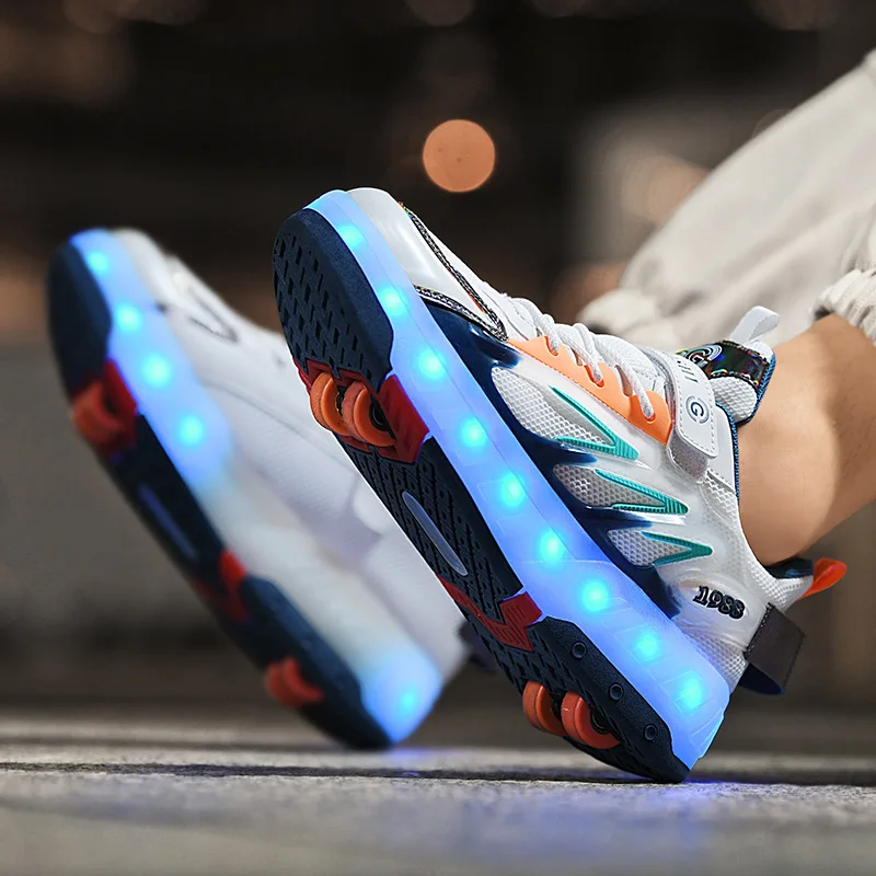 

New Four Wheels Children LED Shoes Fashion Breathable Kids Roller Skates USB Boys & Girls & Women Sneakers Size 29-42