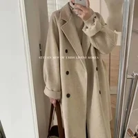 Women's Woolen Coat Medium Length Autumn Winter New Style Hepburn Style Thin Thickened Loose Fit Outerwear Polyester Fiber