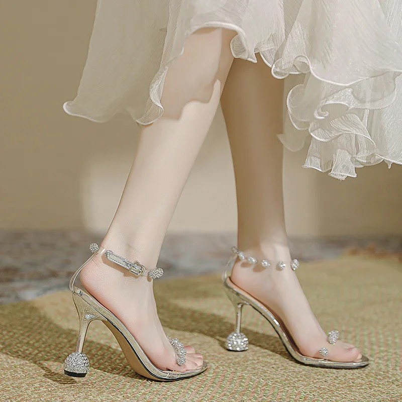 

Transparent straight line with rhinestone high heels, women's spring new stunning and sexy fairy style crystal sandals