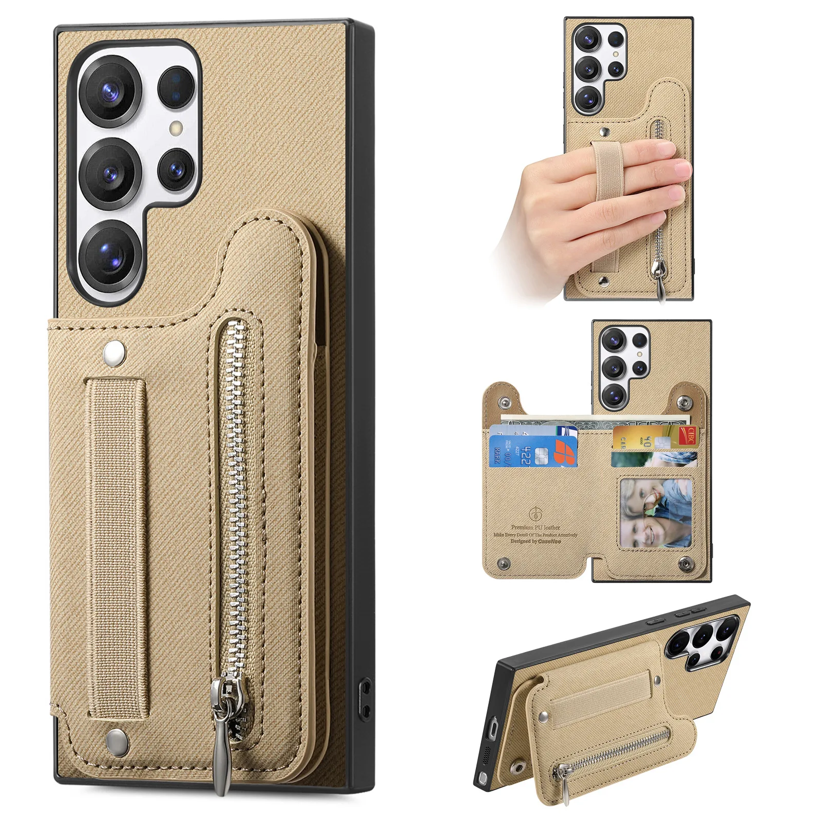 Zipper Card Slot Leather Wallet Case with Elastic Wrist Strap