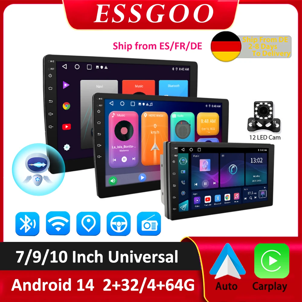 Radio para Auto ESSGOO Android 15, Sistema Multimedia Automotriz Inalámbrico con Carplay, GPS y Estéreo para Volkswagen, Nissan, Hyundai, Kia, Toyota, Ford 1