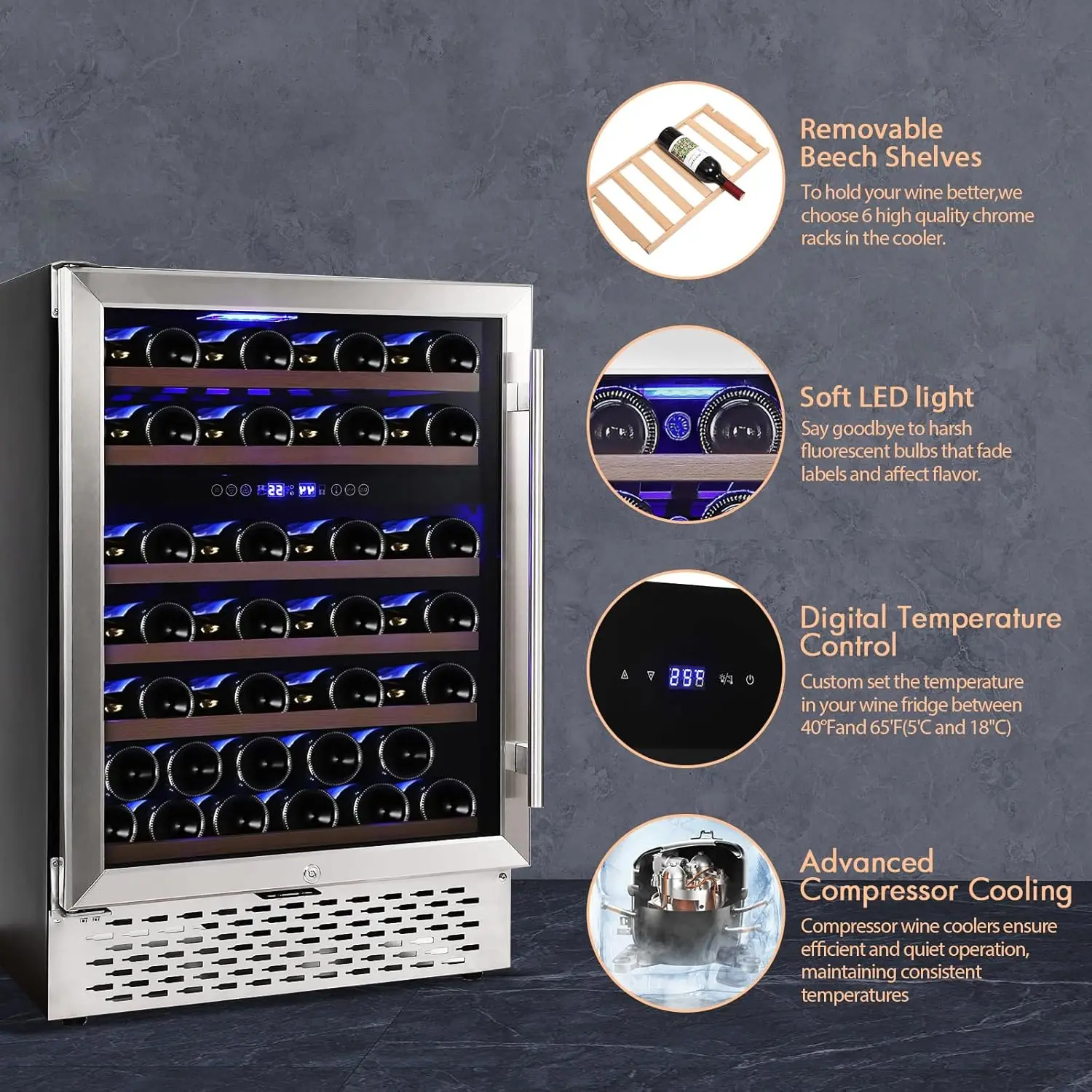24 Inch Wine Cooler Under Couter Wine Fridge 51 Bottle Dual Zone Freestanding Mini Fridge with Digital Temperature Control 5