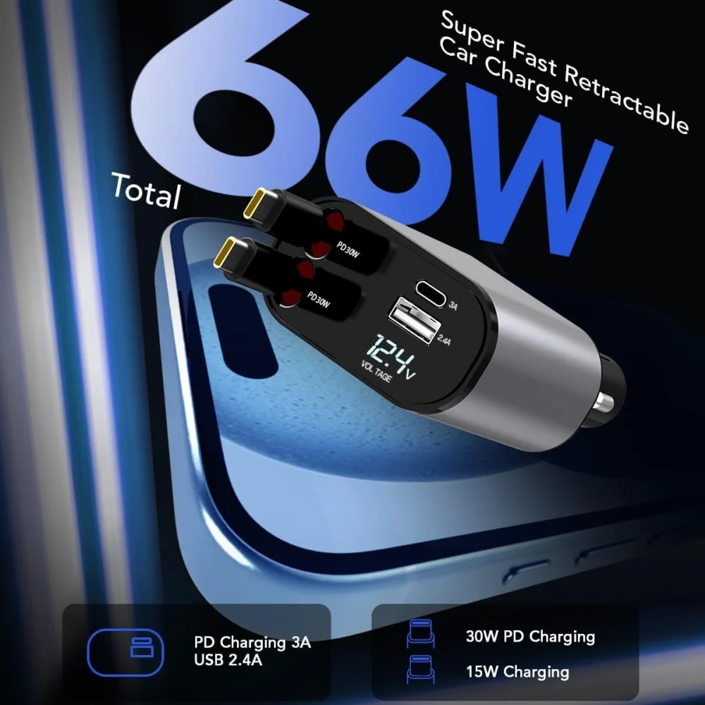 120 واط شاحن سيارة 4 في 1 قابل للسحب شحن سريع شاحن هاتف السيارة ولاعة السجائر محول USB C كابل آيفون Xiaomi Poco
