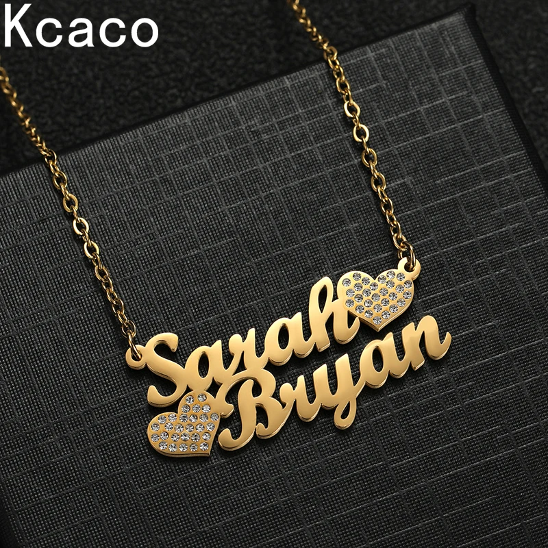 Stainless Steel Customized Name Necklace with Zircon Hearts Couple Friend 2Names Fashion Nameplate Necklace for Women Jewellery