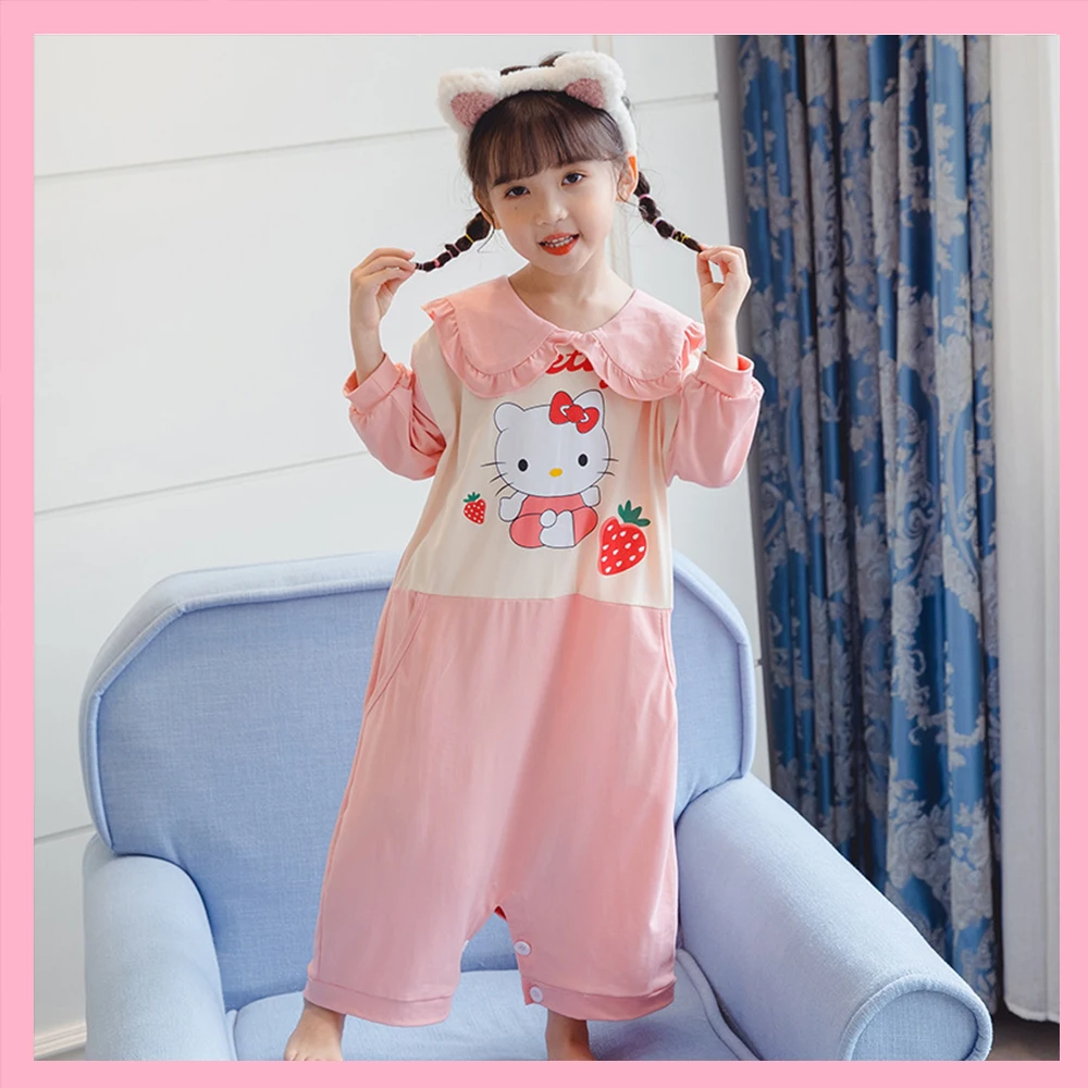 

Домашняя одежда для девочек Sanrioed, милый аниме Hello Kitty, новый весенне-осенний комбинезон, свободная Хлопковая пижама для мальчиков и девочек с рисунком из мультфильма