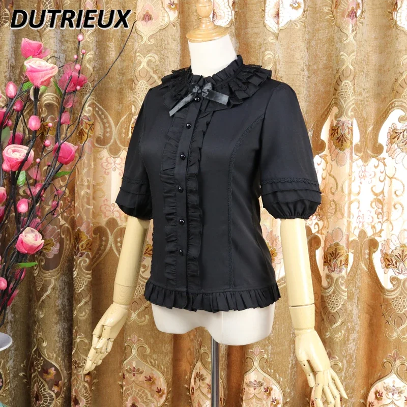 Japanese Original Summer New Short Sleeve Shirt Women Lolita Chiffon Innerwear Lace Ruffles Half-Sleeved Blouse Top Girl Camisas