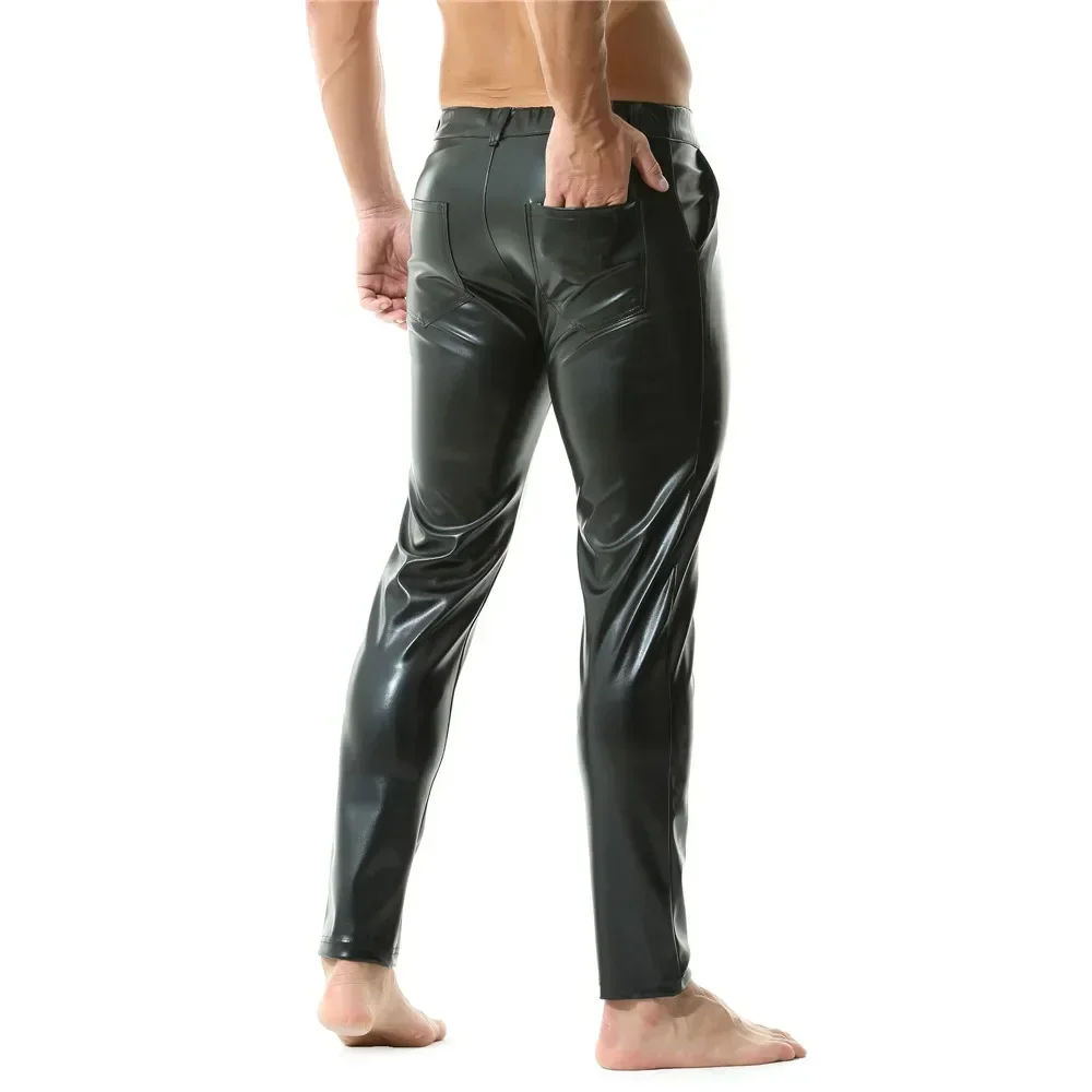Mens Casual Zipper Faux Leather Pants Men Streetwear Nightclub Straight Trousers With Pockets Male Motorcycle Stage Short Pants leather pants skinny pants
