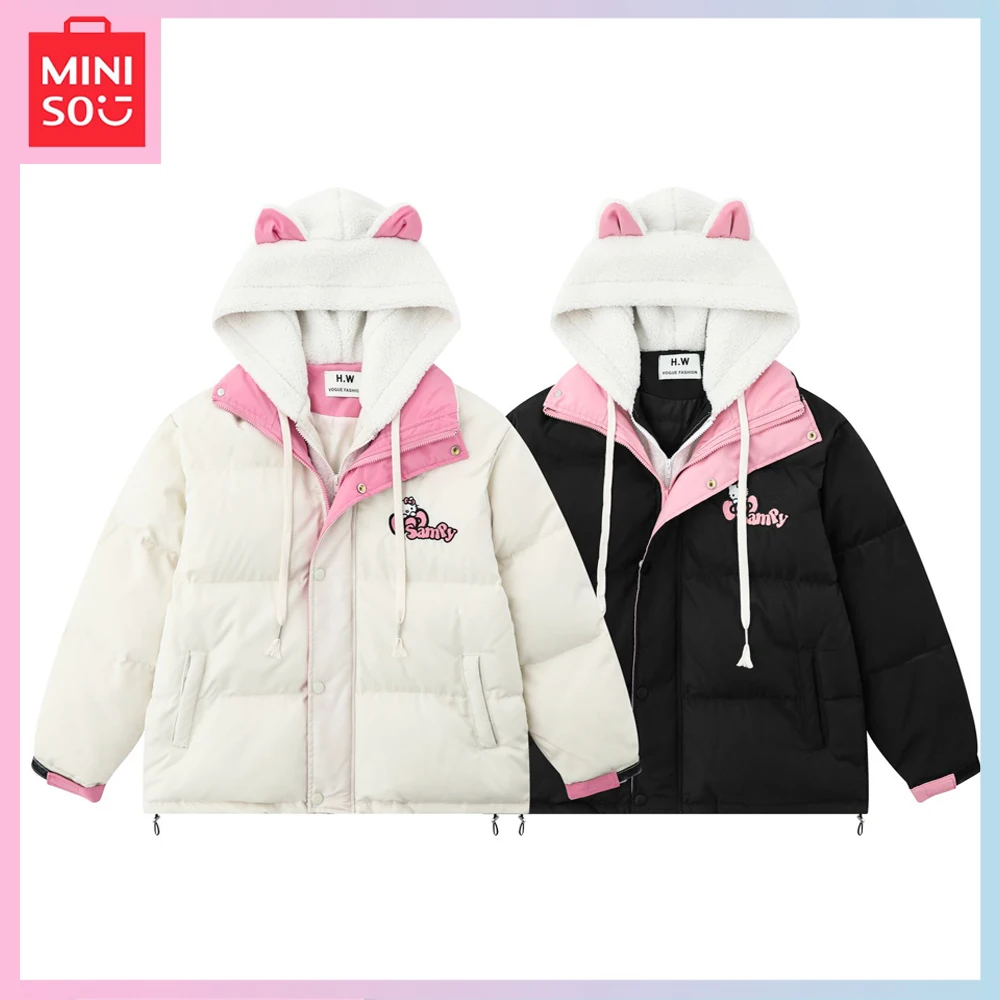 

Miniso Cute Cat Ears Hellokitty 2023 Winter New Loose Hooded Padded Jacket Fake Two Wool Lamb Thick Warm Couple Bread Clothing