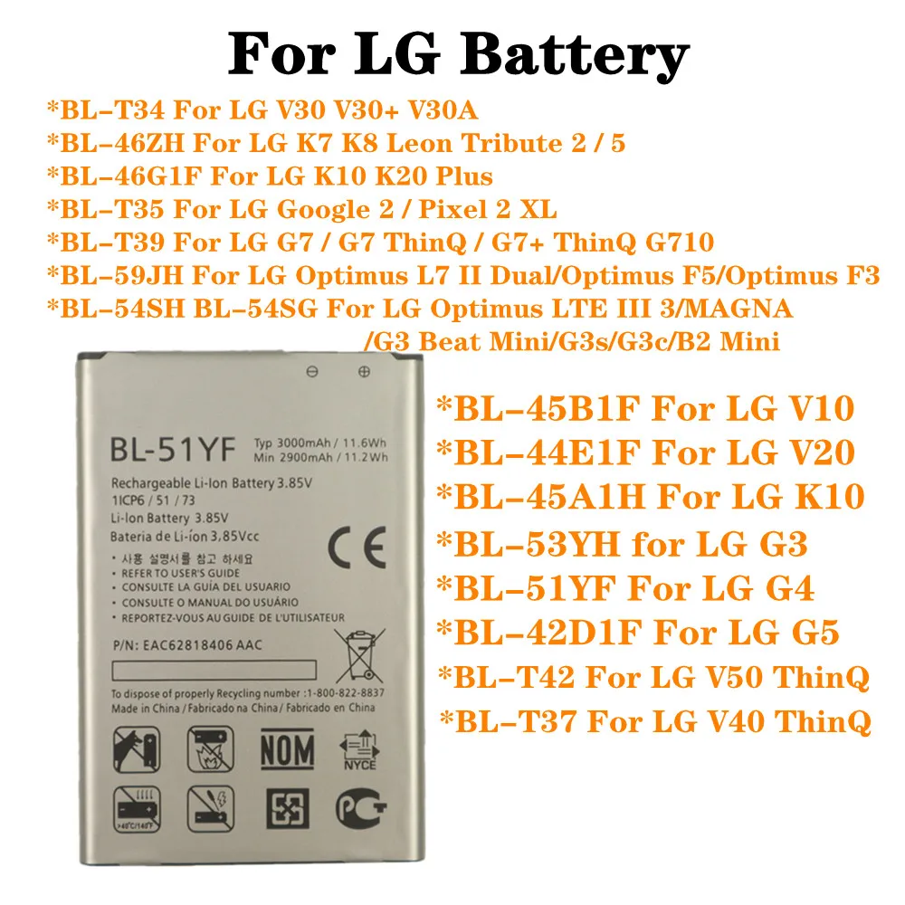 

For LG V10 V20 V30 V30+ V30A V40 V50 G7 G7+ ThinQ G3 G4 G5 K7 K8 K10 K20 Plus Leon Tribute 2 5 Optimus F5 Google 2 Phone Battery