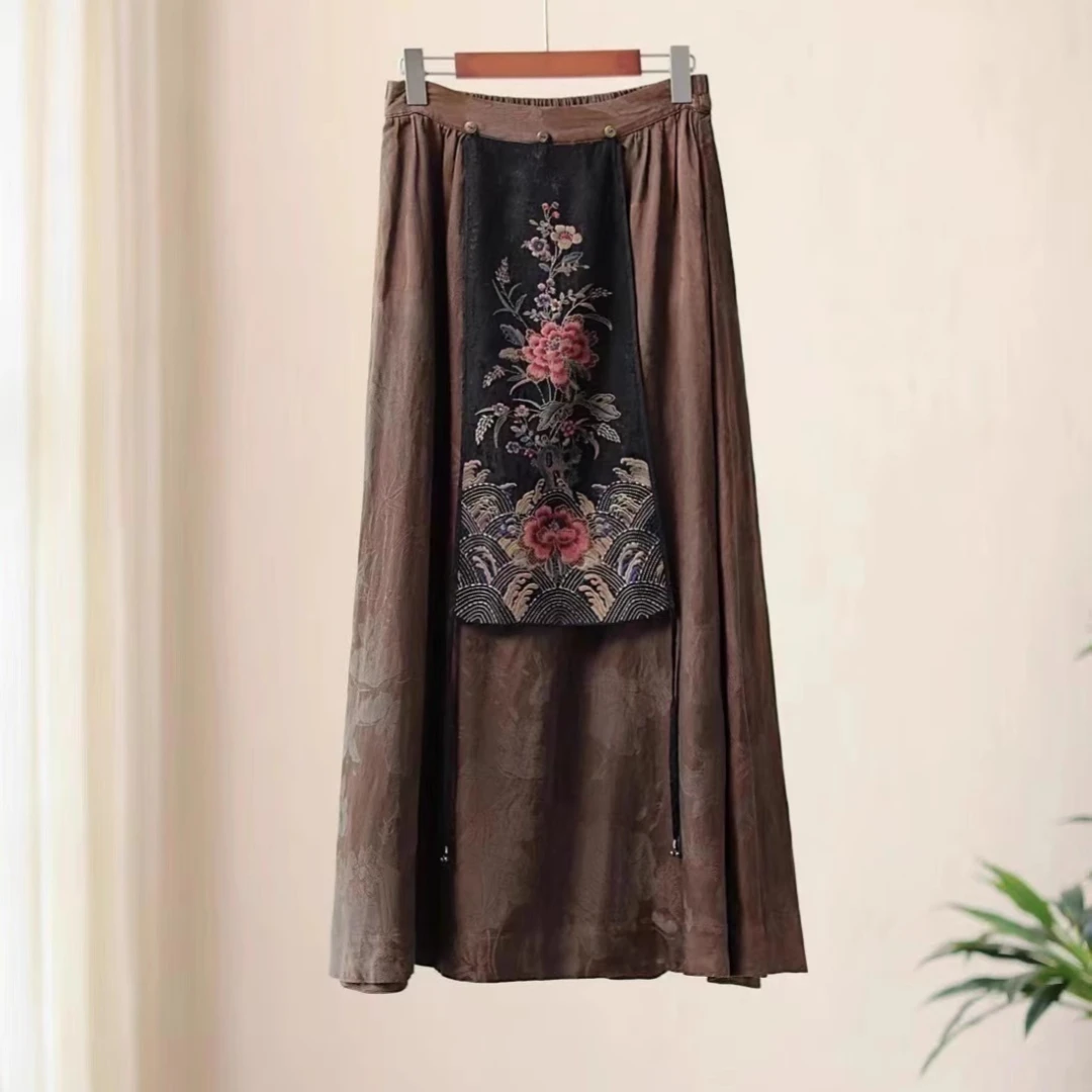 Brown Long skirt Ethnic style embroidery A line skirt Vintage Elastic Women's skirt Tencel vest skirt luxury designer clothing