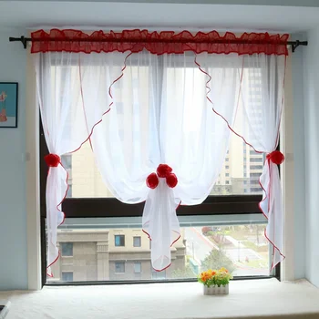 Stereoscopic Flowers Style Voile Window Drapes, Sheer Kitchen Bedroom Window Curtain with Handmade Flower Buckle