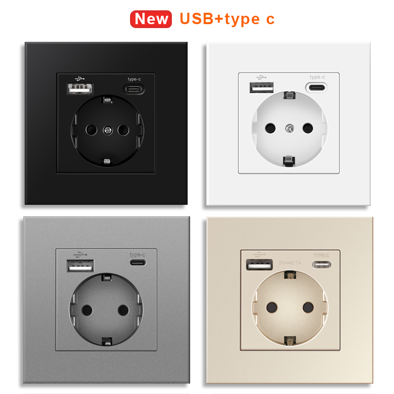 EU Power Socket With Usb Charging Port and Type C Interface 2.1A 16A PC Panel 86mm French Russia Spain Wall Outlet Phone Holder