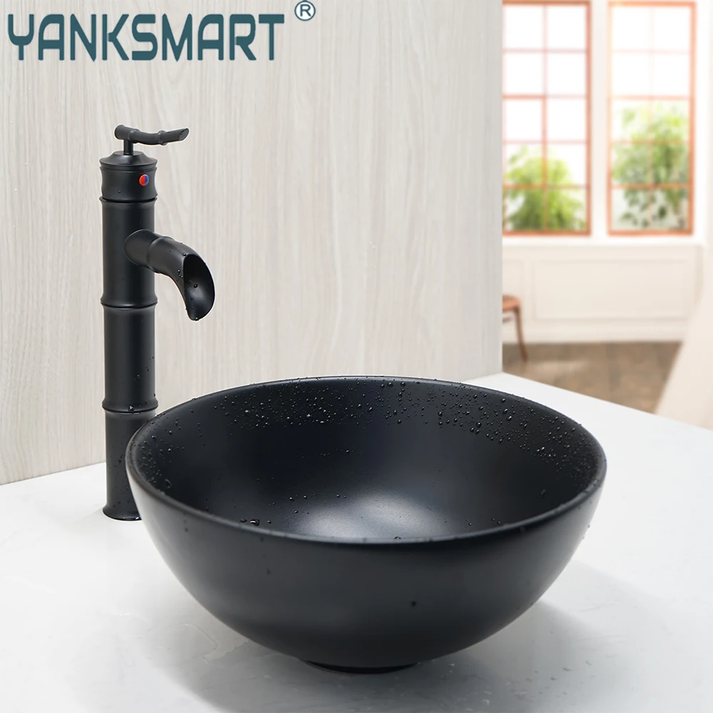 Yanksmart-丸みを帯びた黒いセラミック製のボウル,バスルーム用の蛇口,滝のあるシンクのセット AliExpress