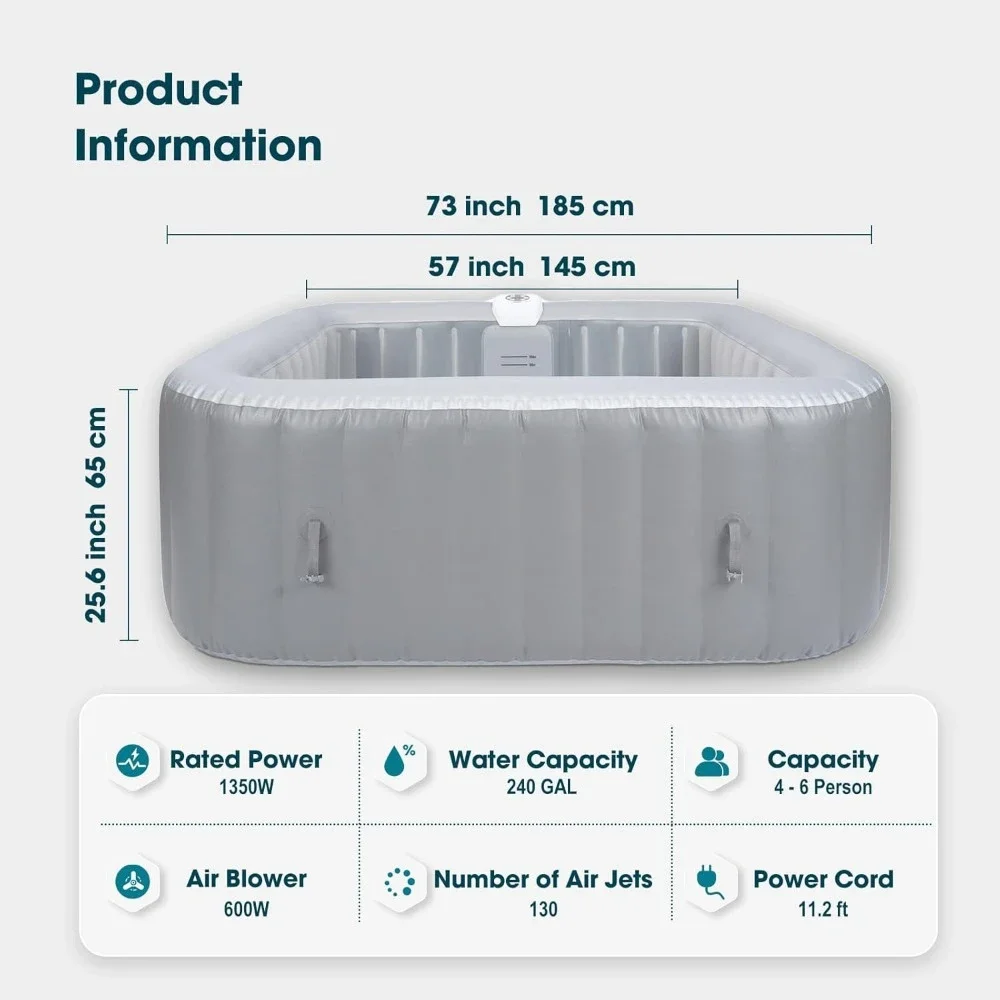 Inflatable Hot Tub 4-6 Person, Blow Up Spa Square Portable Outdoor Hottub, 130 Soothing Bubble Air Jets, Cover