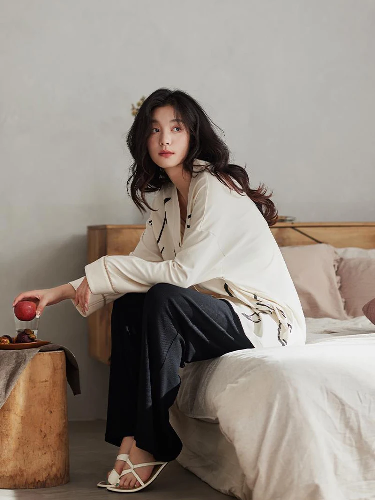 Long-sleeved Pajamas Women's Cotton Can Be Worn Outside the Spring 2024 New Soft Cotton Casual Loungewear V-neck Set