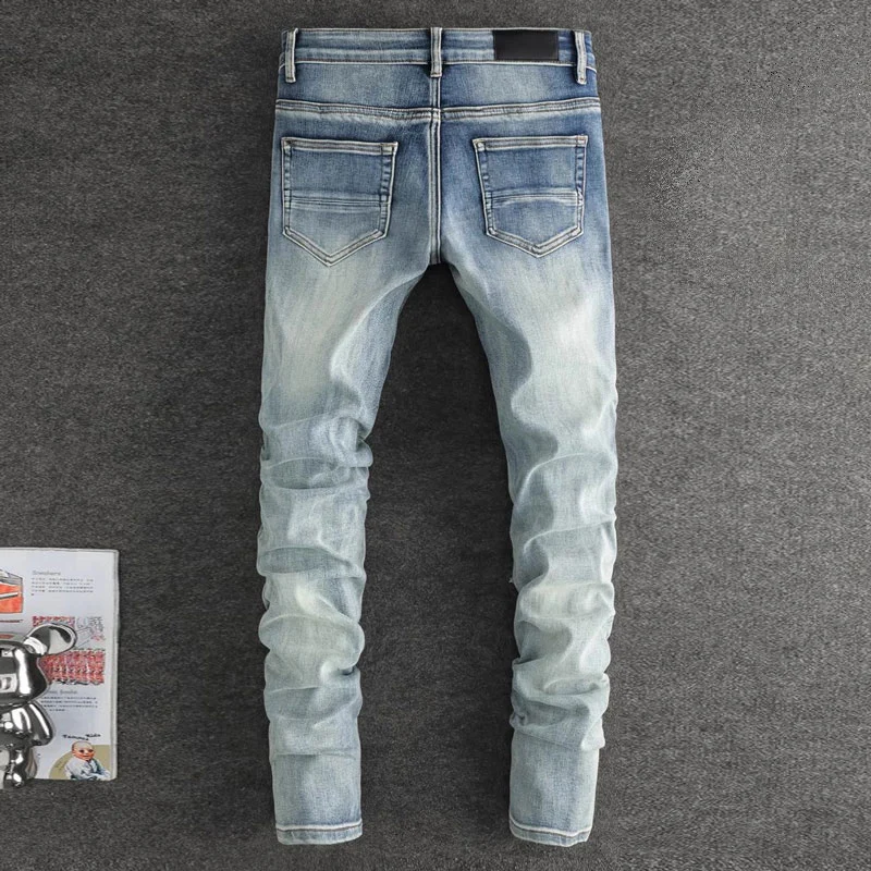 High Street Fashion Men Jeans Retro Blue Stretch Skinny Fit Ripped Jeans Men Bandana Patched Designer Hip Hop Brand Pants Hombre