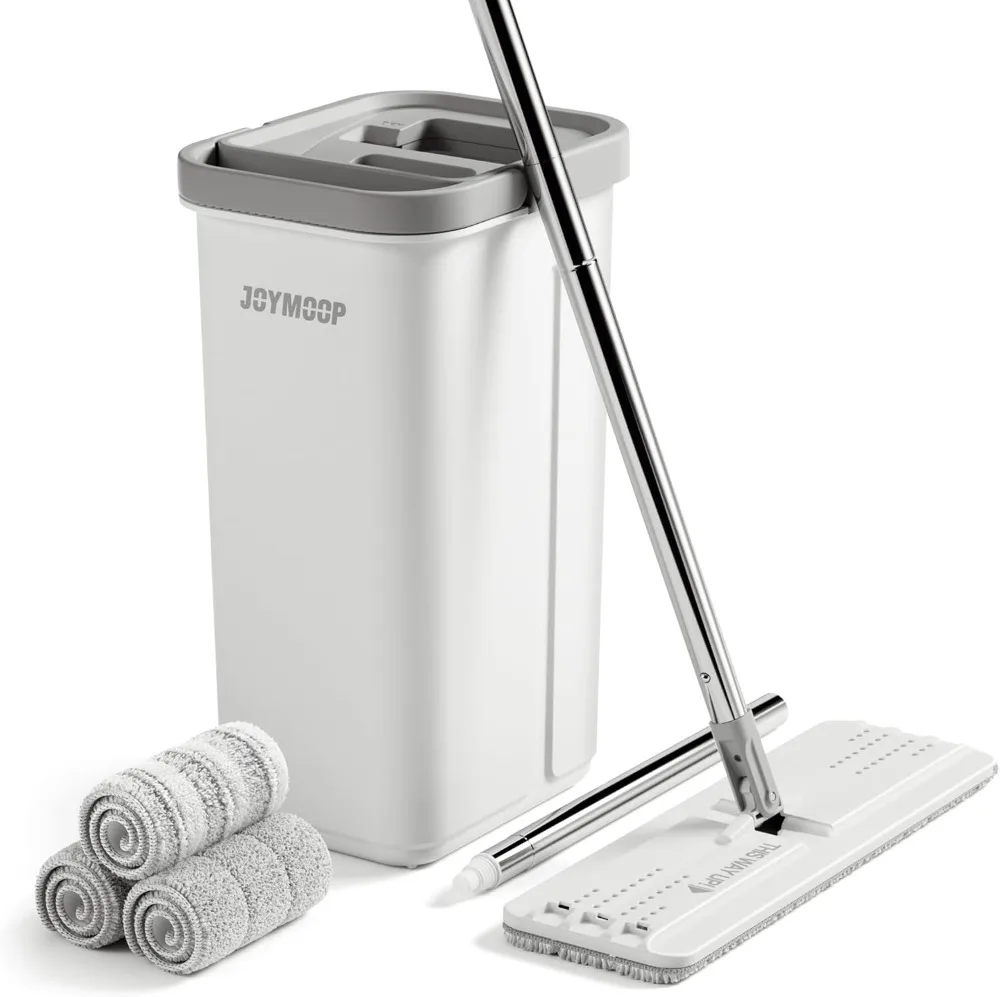 

Mop and Bucket with Wringer Set Hands Free Flat Floor Mop and Bucket with 3 Reusable Microfiber Pads Wet and Dry Use