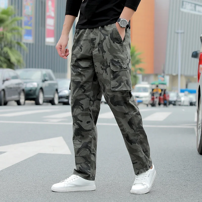 Men's Clothing Spring Autumn Geometric Camouflage Printing Button Elastic High Waisted Pockets Straight Trousers Vintage Pants