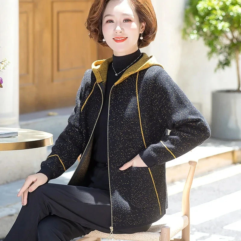 

Woolen Knitting Sweater Middle Aged Female Autumn Winter Overcoat Loose 4XL Casual Hooded Cardigan Windbreaker Jacket Women