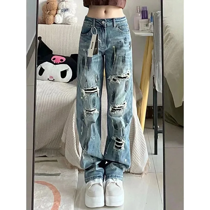 

Trendy Men Jeans Denim Cargo Pants Ripped Broken Holes Hip Hop Streetwear Washed Ink Splash Skateboard Neutral Denim Trousers