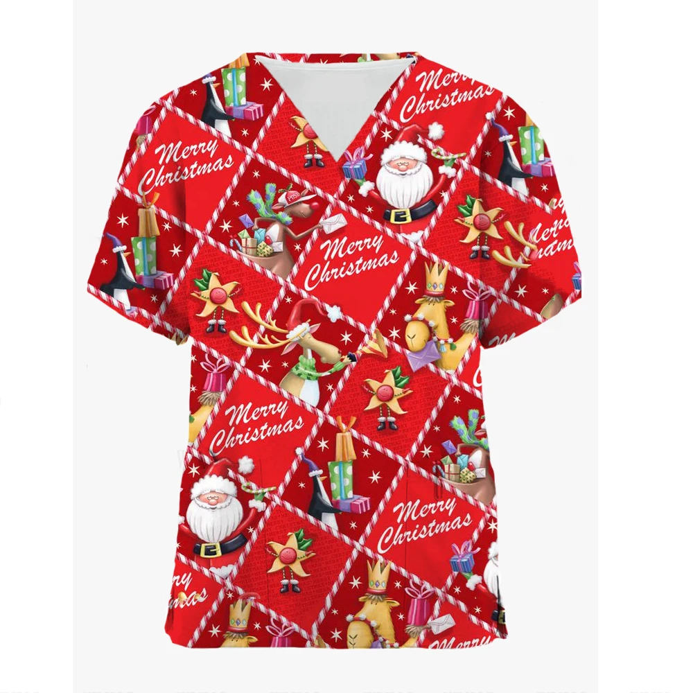 

Christmas Santa Print Scrubs Top Short Medical Uniforms Women Pocket Nursing Scrubs Blouse Pet Care Work Shirt camisa enfermagem